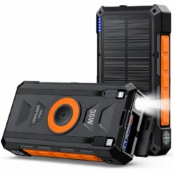 Baterie externa solara 20000mAh Linomag®, Incarcare rapida USB-C 35W, Incarcare wireless 15W, 2 cabluri integrate, 3 Porturi USB, Panou solar, Lanterna LED, Busola si Termometru, Portocaliu