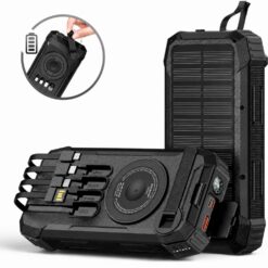 Baterie externa solara 20000mAh Linomag®, Incarcare rapida PD 22.5W, Incarcare wireless 5W, 5 metode de incarcare, 4 cabluri integrate, 3 porturi, Manivela 360°, Lanterna LED, Busola, Negru