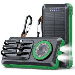 Baterie externa solara 20000mAh Linomag®, Incarcare rapida 22.5W, PD 20W, QC 3.0, Incarcare wireless magnetica 15W, 3 cabluri integrate, Incarcare solara, Lanternăa LED, Carabina, Rezistenta la apa si praf, Verde