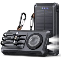 Baterie externa solara 20000mAh Linomag®, Incarcare rapida 22.5W, PD 20W, QC 3.0, Incarcare wireless magnetica 15W, 3 cabluri integrate, Incarcare solara, Lanternăa LED, Carabina, Rezistenta la apa si praf, Negru