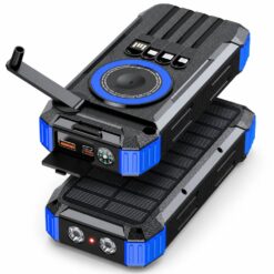 Alternative view of Baterie externa solara 20000mAh Linomag®, Incarcare rapida PD 22.5W, Incarcare wireless 5W, 5 metode de incarcare, 4 cabluri integrate, 3 porturi, Manivela 360°, Lanterna LED, Busola, Albastru