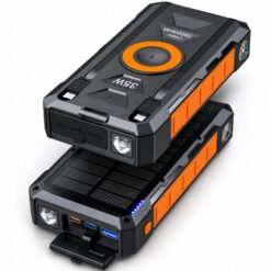 Alternative view of Baterie externa solara 20000mAh Linomag®, Incarcare rapida USB-C 35W, Incarcare wireless 15W, 2 cabluri integrate, 3 Porturi USB, Panou solar, Lanterna LED, Busola si Termometru, Portocaliu