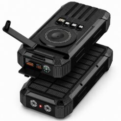 Alternative view of Baterie externa solara 20000mAh Linomag®, Incarcare rapida PD 22.5W, Incarcare wireless 5W, 5 metode de incarcare, 4 cabluri integrate, 3 porturi, Manivela 360°, Lanterna LED, Busola, Negru