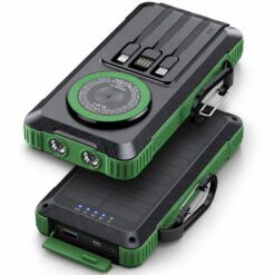 Alternative view of Baterie externa solara 20000mAh Linomag®, Incarcare rapida 22.5W, PD 20W, QC 3.0, Incarcare wireless magnetica 15W, 3 cabluri integrate, Incarcare solara, Lanternăa LED, Carabina, Rezistenta la apa si praf, Verde