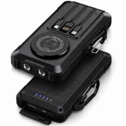 Alternative view of Baterie externa solara 20000mAh Linomag®, Incarcare rapida 22.5W, PD 20W, QC 3.0, Incarcare wireless magnetica 15W, 3 cabluri integrate, Incarcare solara, Lanternăa LED, Carabina, Rezistenta la apa si praf, Negru