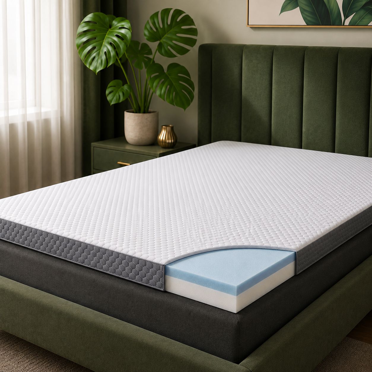 Topper Saltea din Spuma cu Memorie Linomag®, Grosime: 7 cm, Densitate 40 kg/m³, 2 Straturi, Husă Detașabilă cu Fermoar, Bază Antialunecare, Confort Ergonomic, 140 x 200 cm, Alb/Gri
