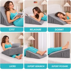 Alternative view of Perna Suport cu Plan Inclinat din Spuma cu Memorie, Linomag®, pentru Dormit, Antireflux, Sforait, Apnee, Relaxare, Citit, Lavabila, 61x61x25.5cm, Gri Inchis