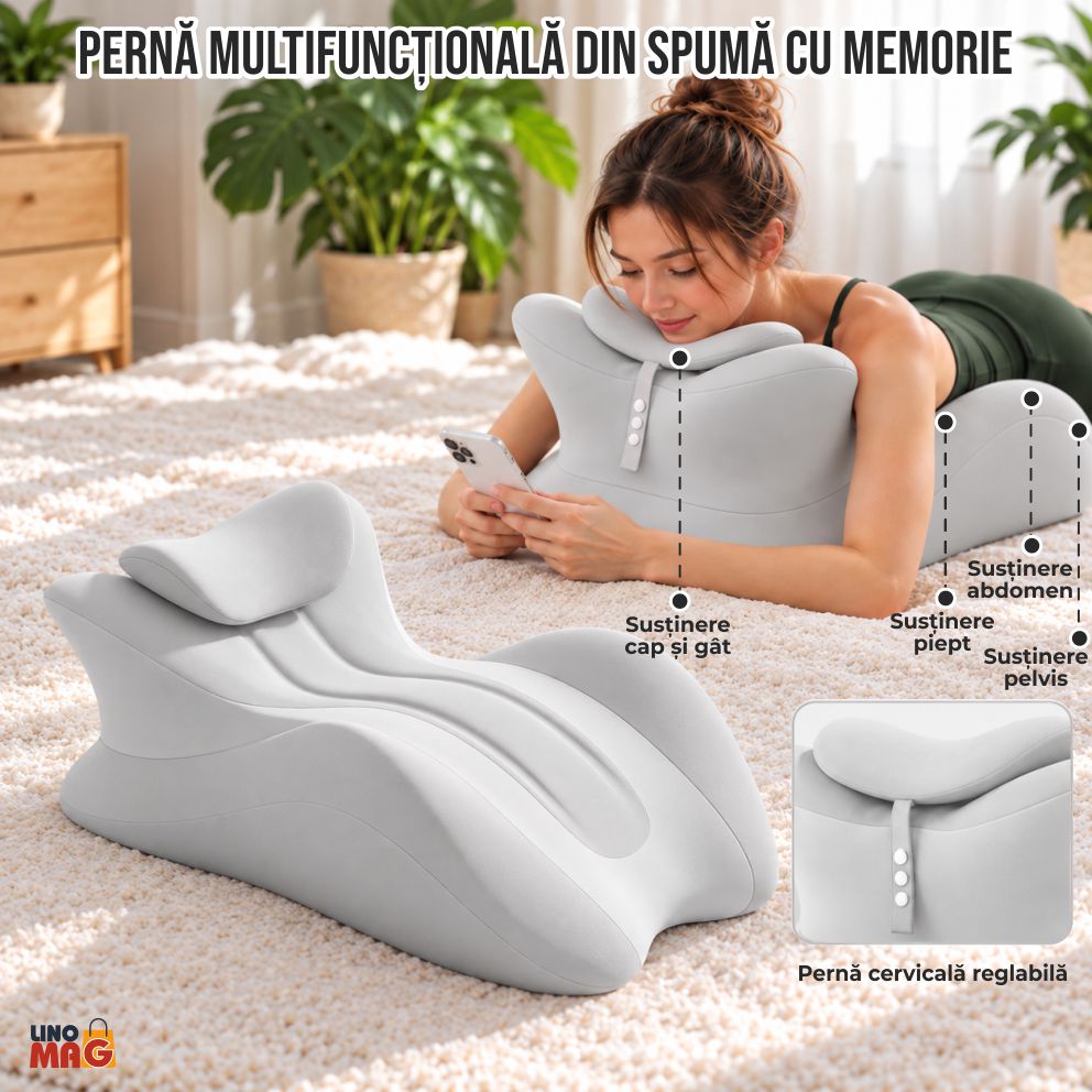 Pernă Ergonomică Multifuncțională Linomag® pentru Cupluri și Relaxare, pentru Dormit, Citit și Odihnă, Spumă cu Memorie, Suport pentru Spate și Corp, Tetieră Detașabilă, Husă Lavabilă, Gri Deschis - imagine 3