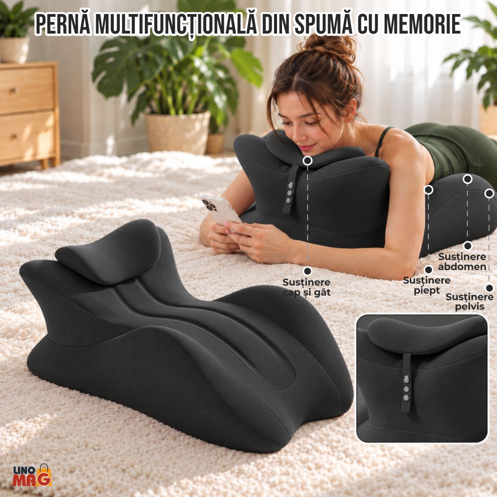 Pernă Ergonomică Multifuncțională Linomag® pentru Cupluri și Relaxare, pentru Dormit, Citit și Odihnă, Spumă cu Memorie, Suport pentru Spate și Corp, Tetieră Detașabilă, Husă Lavabilă, Negru - imagine 12
