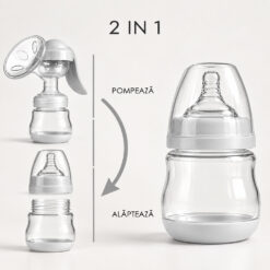 Alternative view of Pompa de san manuala 2 in1 cu biberon, 150 ml, 3 niveluri de aspirare, Cupa moale din silicon, Fara BPA, Gri deschis