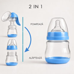 Alternative view of Pompa de san manuala 2 in1 cu biberon, 150 ml, 3 niveluri de aspirare, Cupa moale din silicon, Fara BPA, Albastru