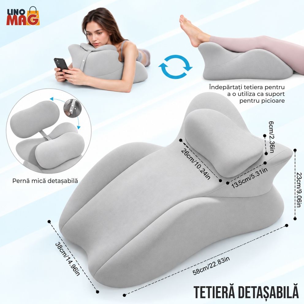Pernă Ergonomică Multifuncțională Linomag® pentru Cupluri și Relaxare, pentru Dormit, Citit și Odihnă, Spumă cu Memorie, Suport pentru Spate și Corp, Tetieră Detașabilă, Husă Lavabilă, Gri Deschis - imagine 12