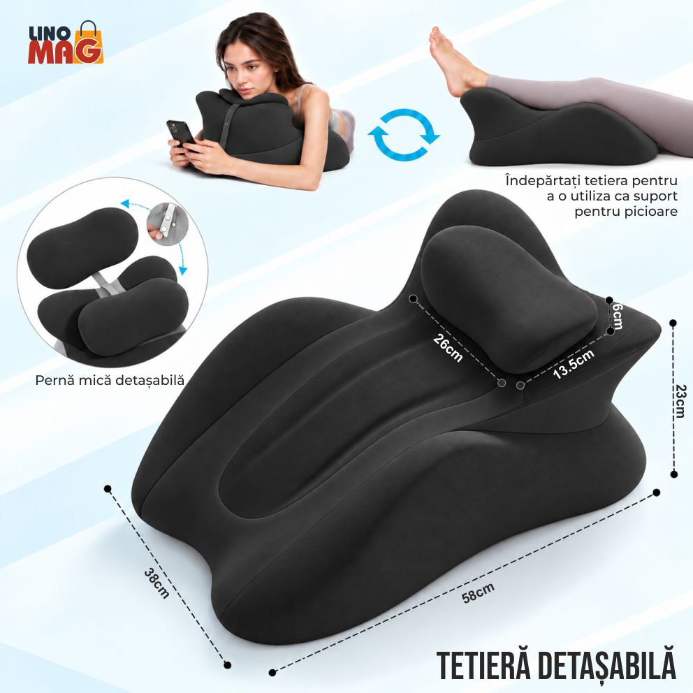 Pernă Ergonomică Multifuncțională Linomag® pentru Cupluri și Relaxare, pentru Dormit, Citit și Odihnă, Spumă cu Memorie, Suport pentru Spate și Corp, Tetieră Detașabilă, Husă Lavabilă, Negru - imagine 9