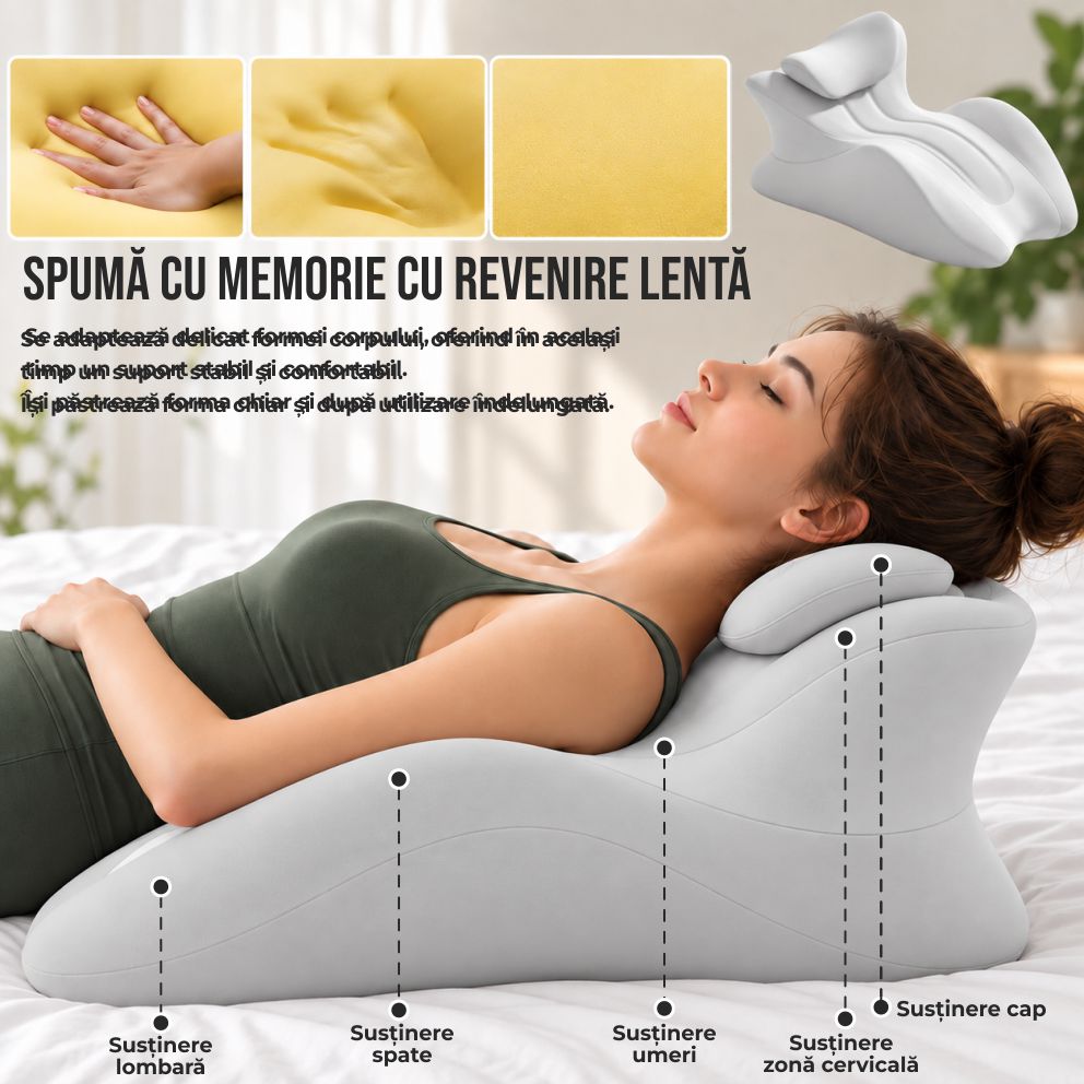 Pernă Ergonomică Multifuncțională Linomag® pentru Cupluri și Relaxare, pentru Dormit, Citit și Odihnă, Spumă cu Memorie, Suport pentru Spate și Corp, Tetieră Detașabilă, Husă Lavabilă, Gri Deschis - imagine 7
