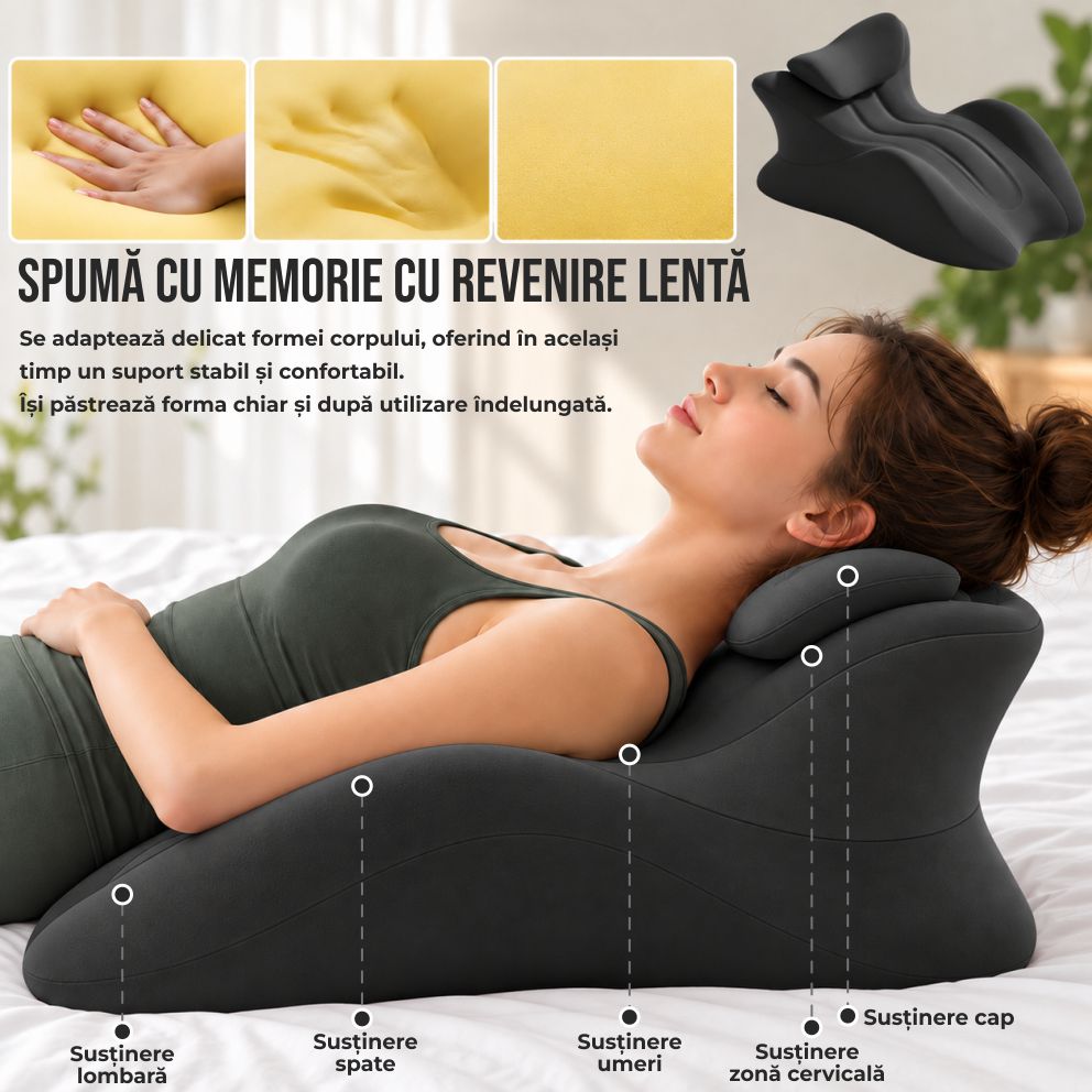 Pernă Ergonomică Multifuncțională Linomag® pentru Cupluri și Relaxare, pentru Dormit, Citit și Odihnă, Spumă cu Memorie, Suport pentru Spate și Corp, Tetieră Detașabilă, Husă Lavabilă, Negru - imagine 7
